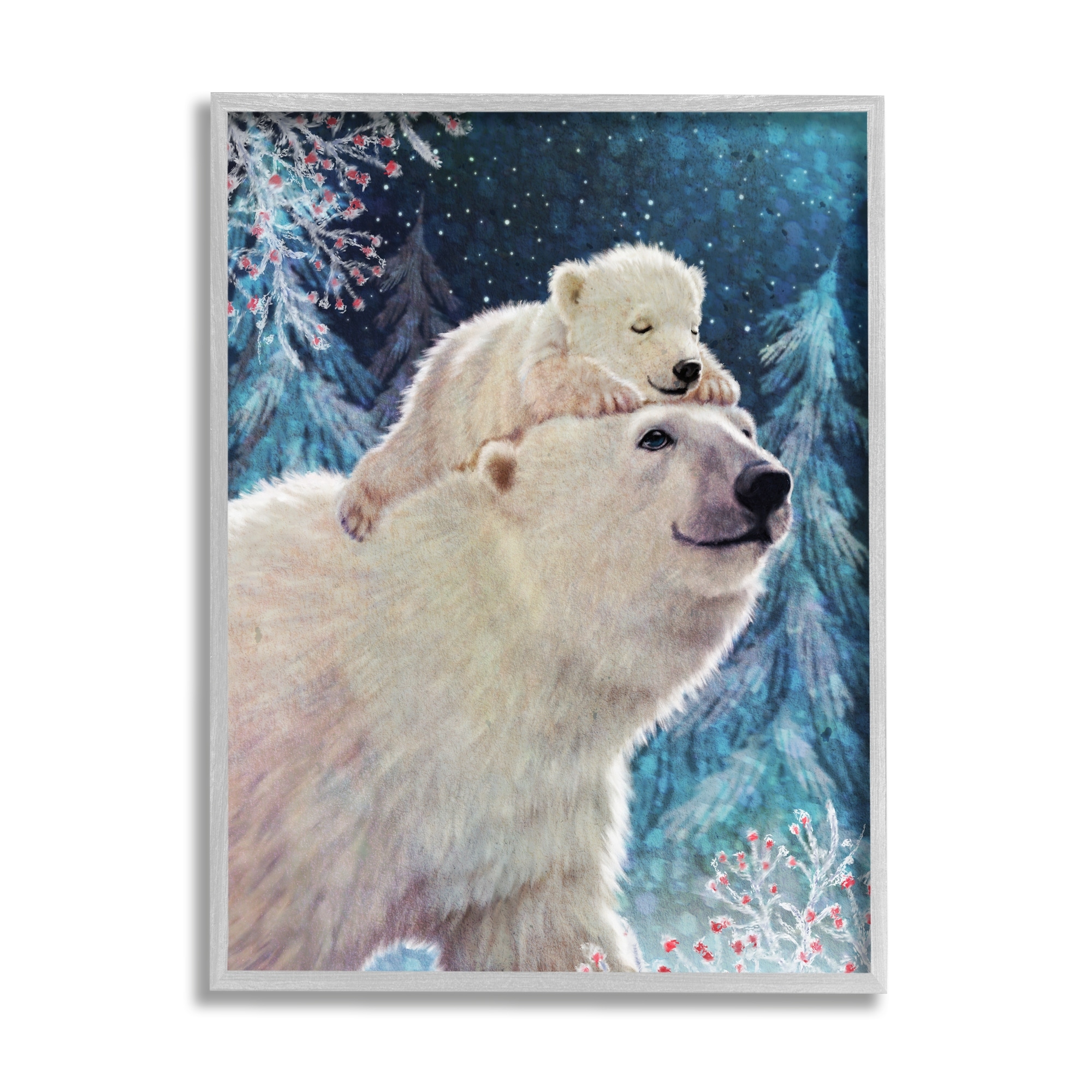 Stupell Industries Polar Bear & Cub Winter Scene Holiday Painting Gray Framed Art Print Wall Art