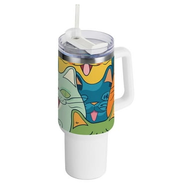 Happy Cats Faces 40 oz Tumbler with Handle Insulated Travel Mug Lid Straw Leak Proof Steel Vacuum Water Bottles Glasses Fits in Car Cup Holder