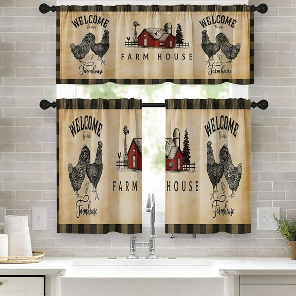 Rooster Kitchen Curtains Farmhouse Window Curtains Valance and Tier Set 36 Inch, Vintage Chicken Rod Pocket Short Tier Curtain for Bedroom Living Room, Rustic Small Cafe Kitchen Decor