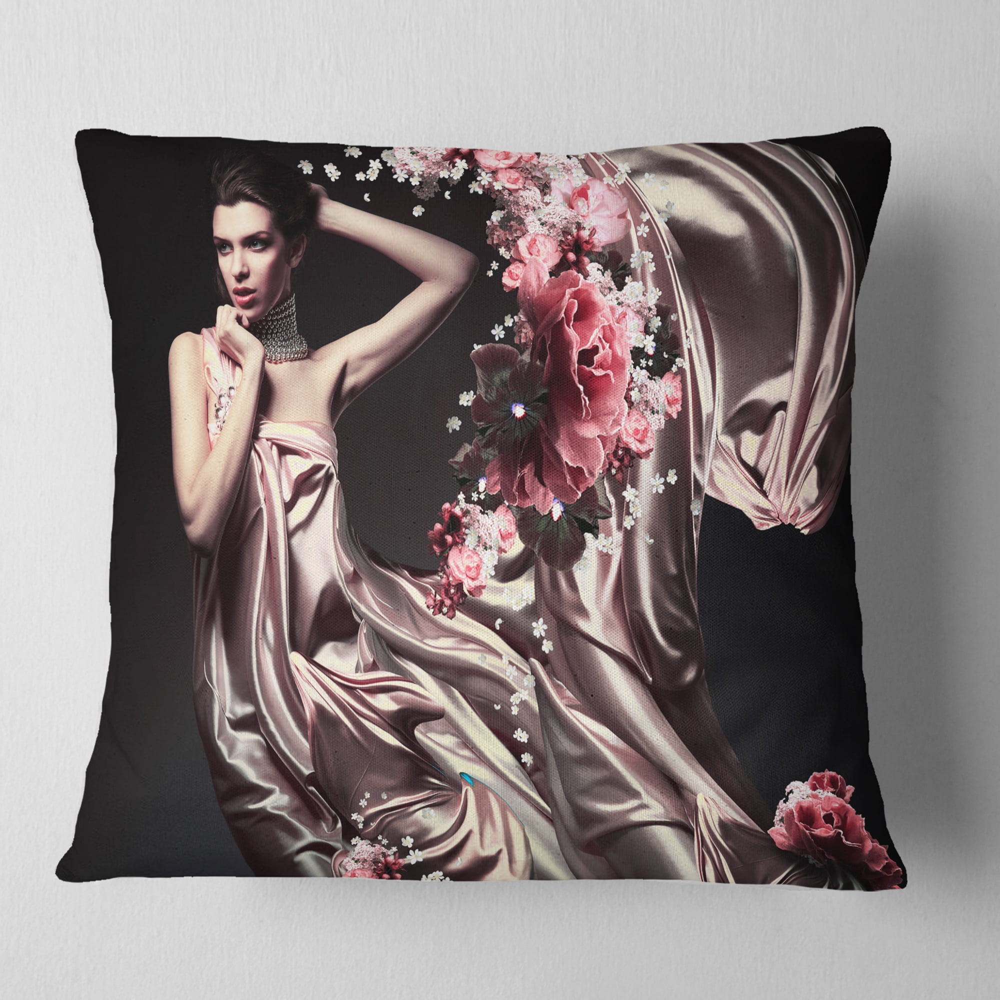 Designart Woman in Fabric and Flowers - Portrait Throw Pillow - 18x18