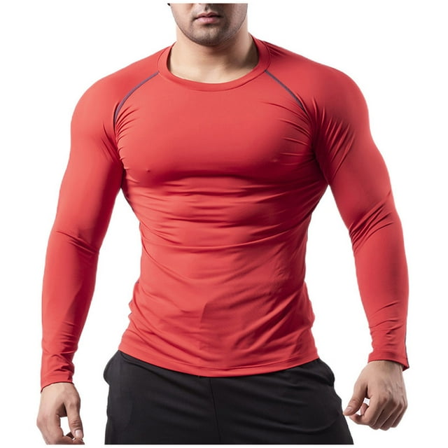 Dagugfen T-Shirts de Gym pour Hommes Col Rond Manches Longues Serré Course Entraînement Sport Tops Couleur Unie