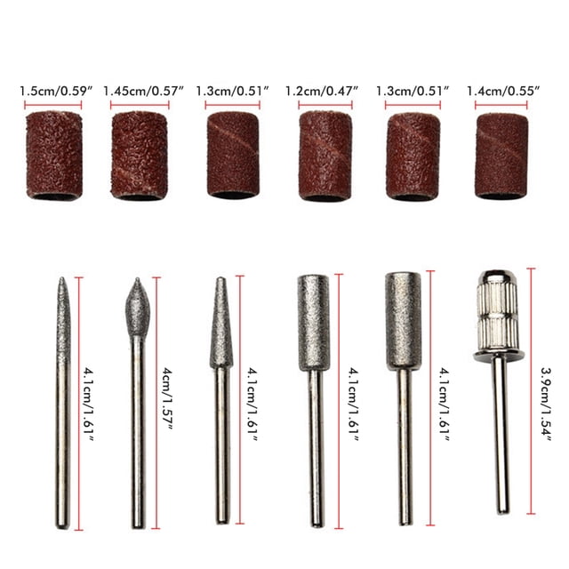 Juego de 12 brocas para uñas, bandas de lijado, kit de limas, vástago de 2,3 mm (3/32 in), cabezal de pulido, máquina de pulido y modelado, kits de herramientas rotativas