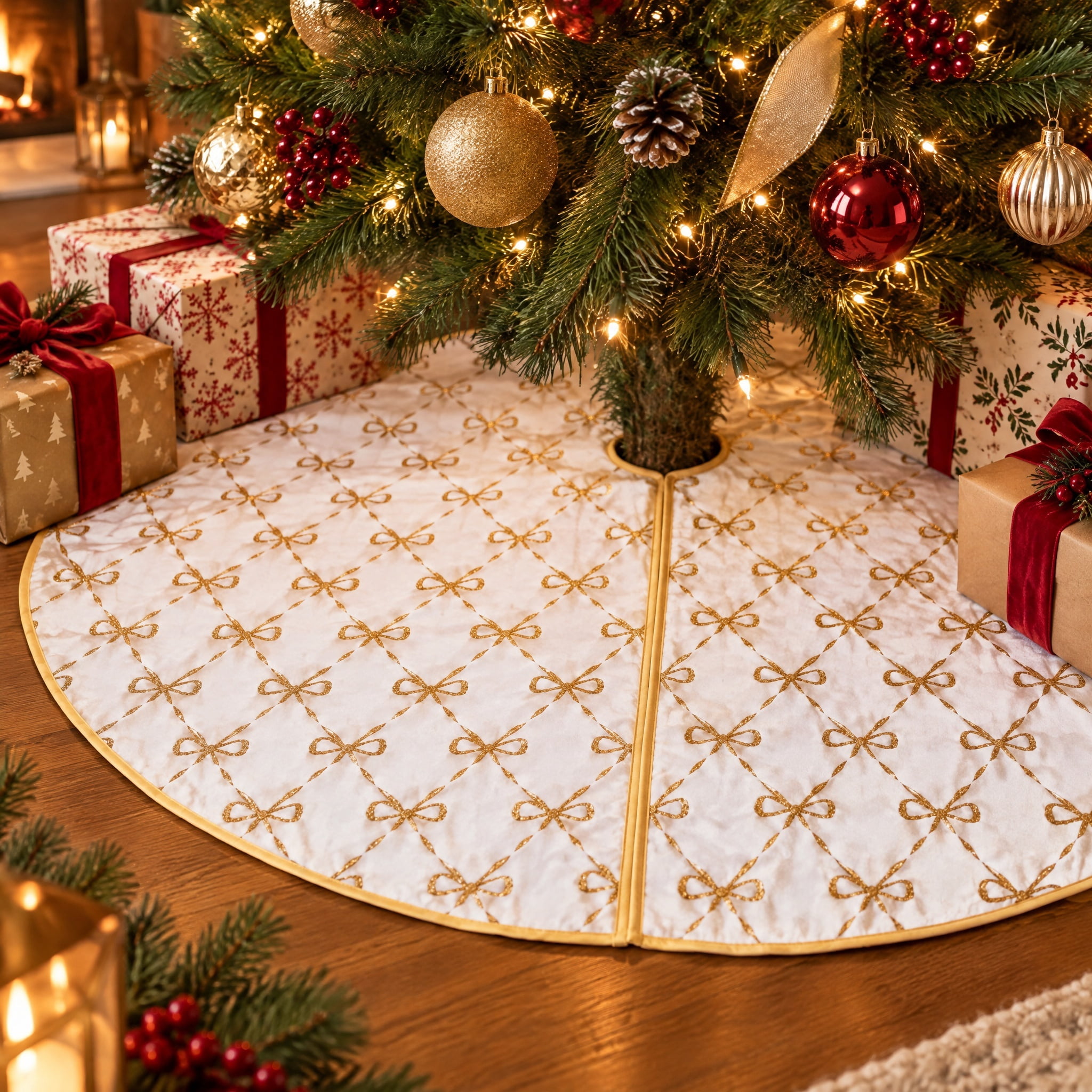 Satin Glitter Bow Christmas Tree Skirt, White and Gold, 48", by Holiday Time