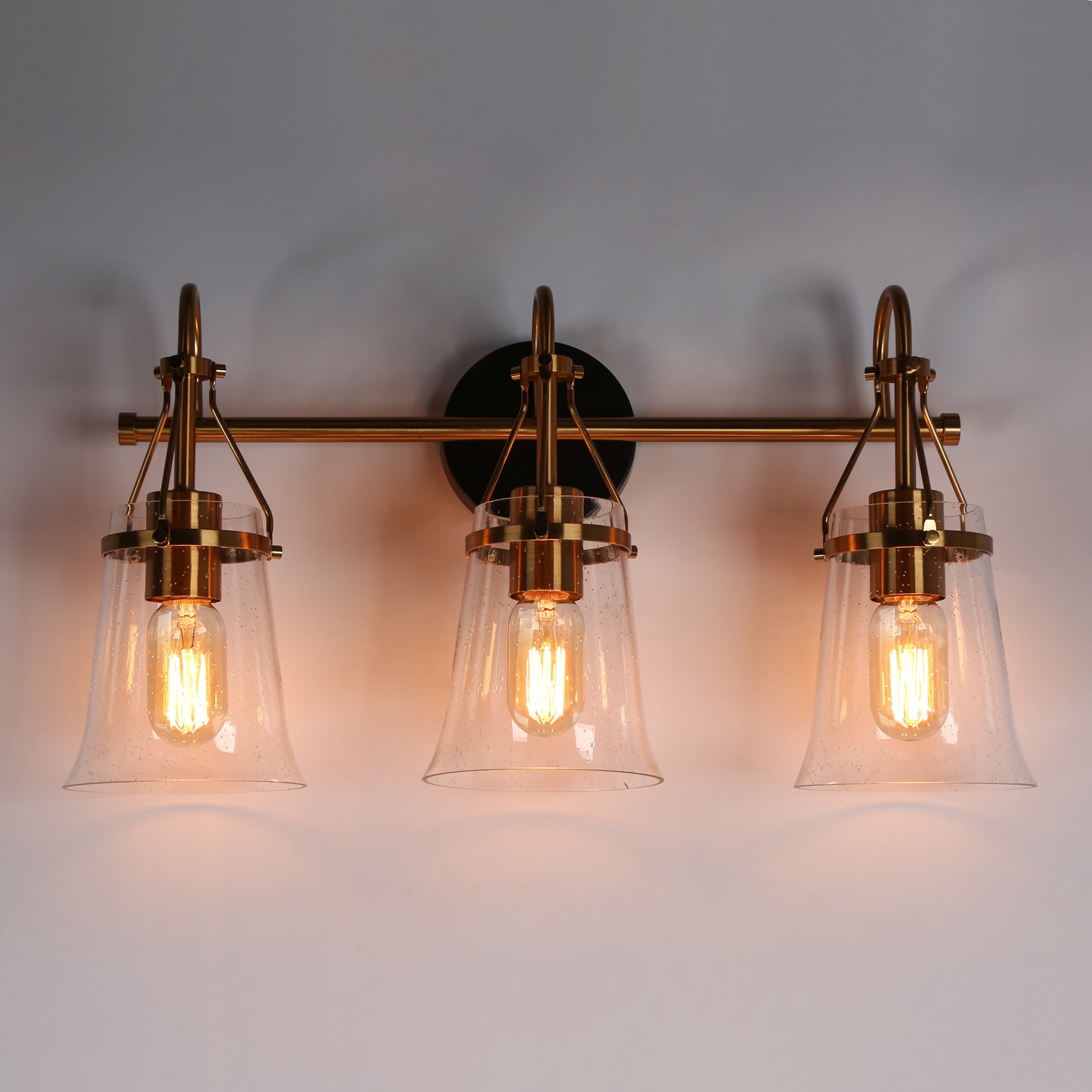 LNC Black & Gold 3-Light Bathroom Vanity Light with Seeded Glass Bell Shades, Dimmable