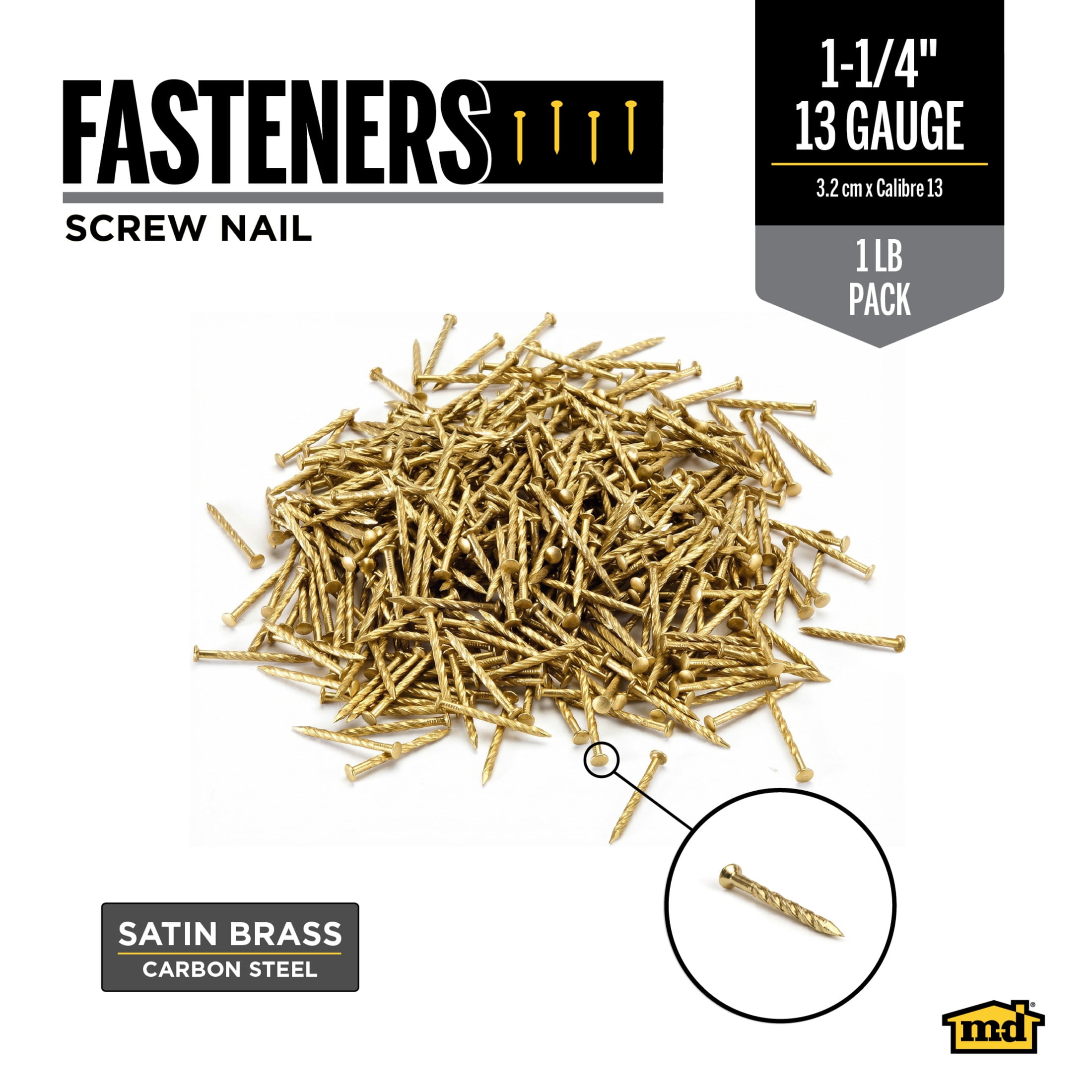 M-D Building Products 95615 1-1/4 In. Satin Brass Floor Metal Screw Nails (1Lb) (3 Packs)