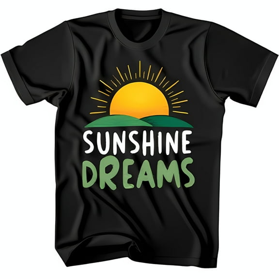 Stylish Black T-Shirt with Vibrant Sunshine Dreams Graphic Yellow Sun & Green Hills Design