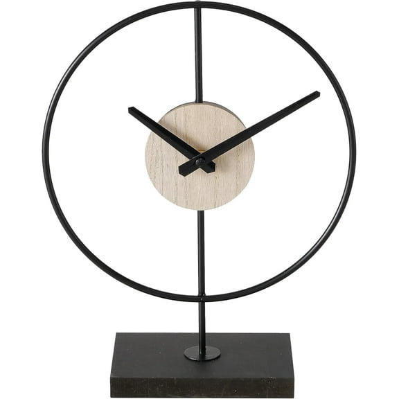 Mid-Century Modern Desktop Clock, Black, Wood Grain Detail, Quartz Movement, Iron, Round, Mounted, Rectangular Base, 12.25 Inches, 1 AA Battery (Not Included)
