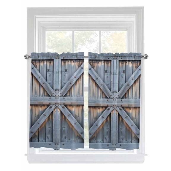 Farmhouse Wood Grain 2 Panel Kitchen Curtains for Windows, Vintage Country Barn Gate Textured Bathroom Privacy Curtain, Home Décor Window Treatment for Bedroom/Living Room 55"x45"