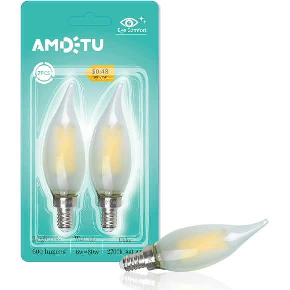 TRAHOO-60W Candelabra Light Bulbs LED, Frosted Chandelier Bulb 60 Watt, E12 LED Bulb dimmable Soft White 2700k, Flame Bent Tip Candle Shape, 600 lumens, 2 Pack