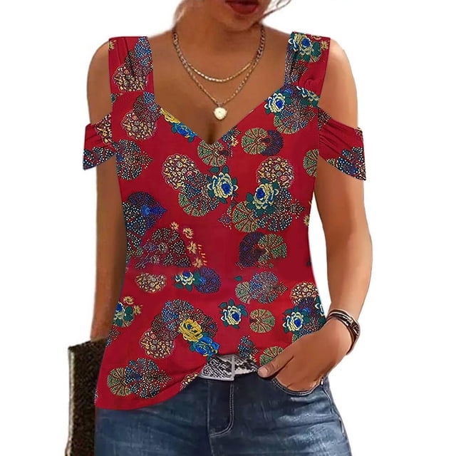 Fiudx Ofertas Flash Del Día Blusas Plegables con Cuello En V para Mujer, Camisas con Hombros Descubiertos, Top de Manga Corta Estampado