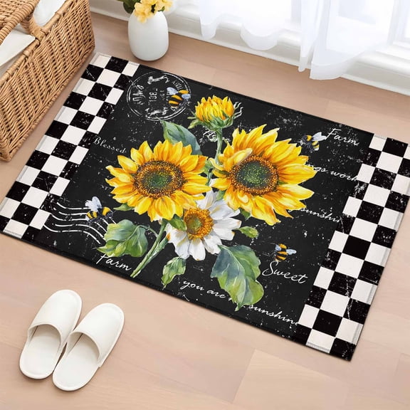 2x3 Ft Entryway Area Rug, Yellow White Sunflower Kitchen Rug Runner Washable Floor Mat, Leaves Oil Painting Retro Non Slip Indoor Door Mat Throw Carpet for Bathroom Living Room Bedroom