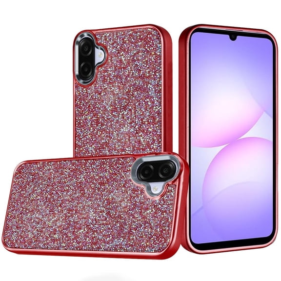 For Samsung Galaxy A07 Crystal Glass Diamond with Metallic Buttons and Edges Hybrid Case - Red