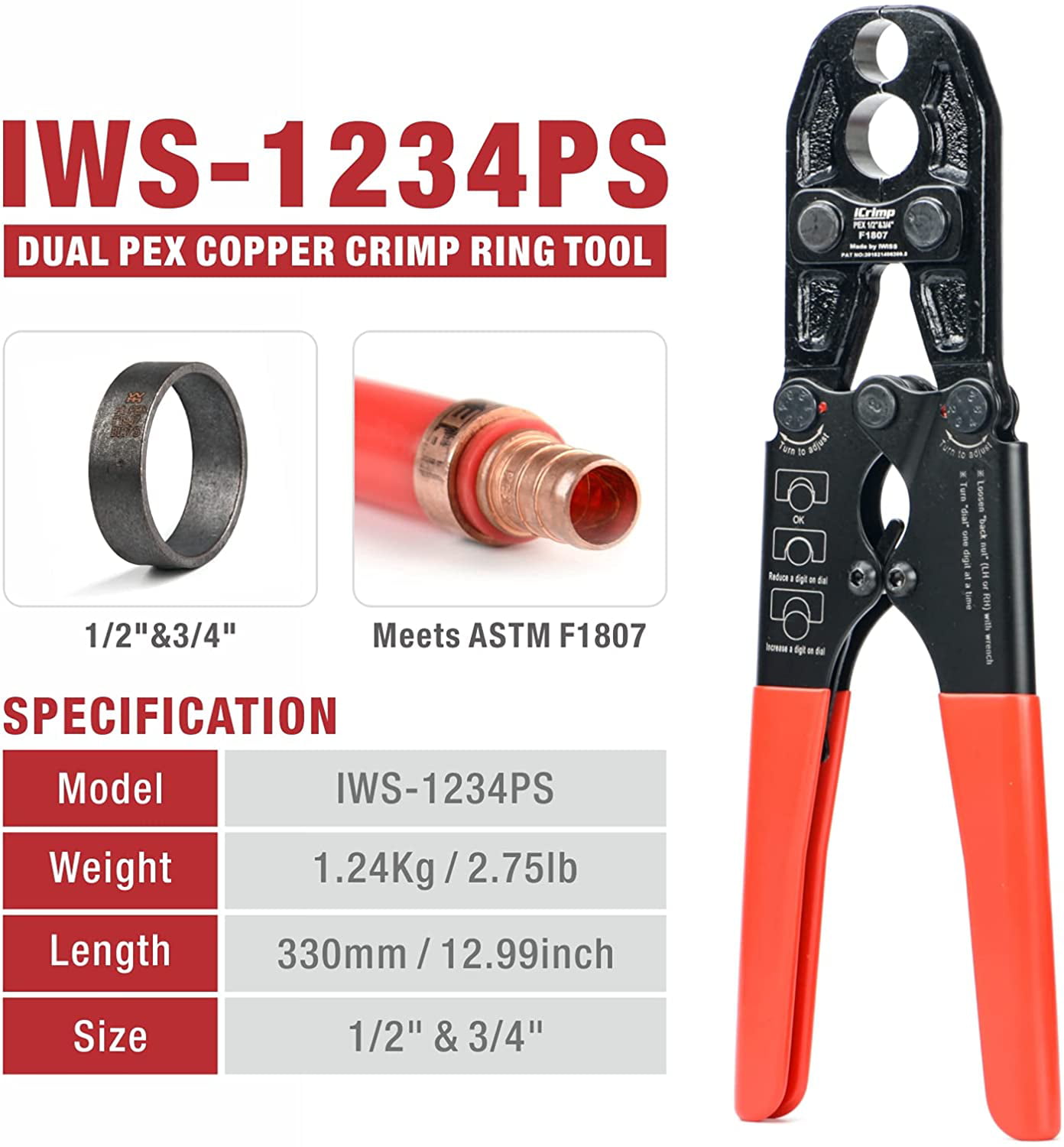 CL 3/4 ASTM F1807 PEX Pipe Crimping Tool, for 3/4-inch Copper Pex