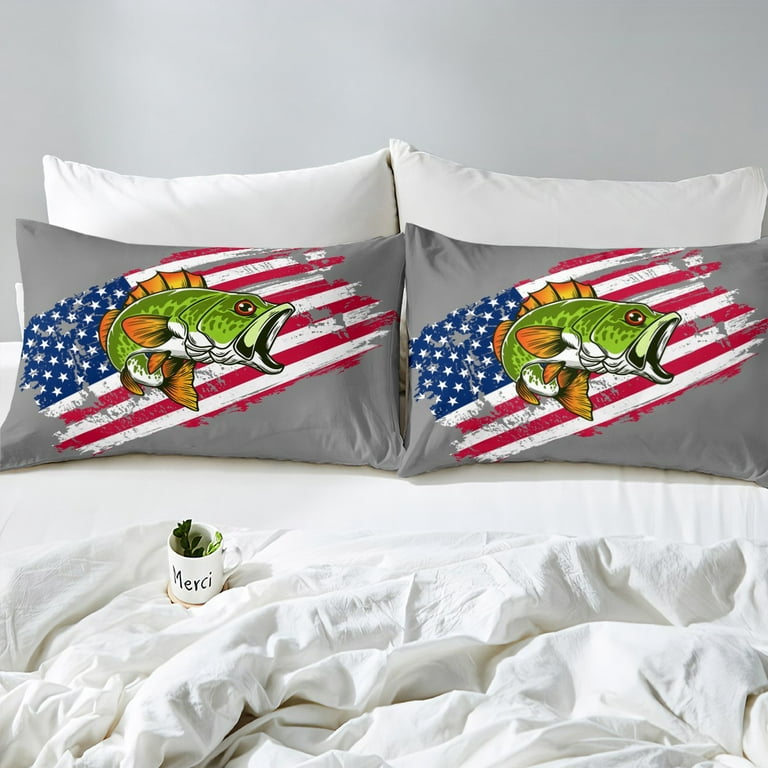YST American Flag Fishing Comforter Cover Queen Size Big Bass Fish Bedding  Set Fishing Flag Duvet Cover For Kids Boys Girls,Rustic River Fish Quilt