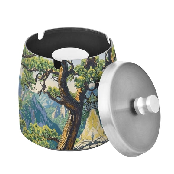 Yayeee Ashtray with Lid for Cigarette Smokeless Stainless Steel Home Ash Holder, Pine Tree