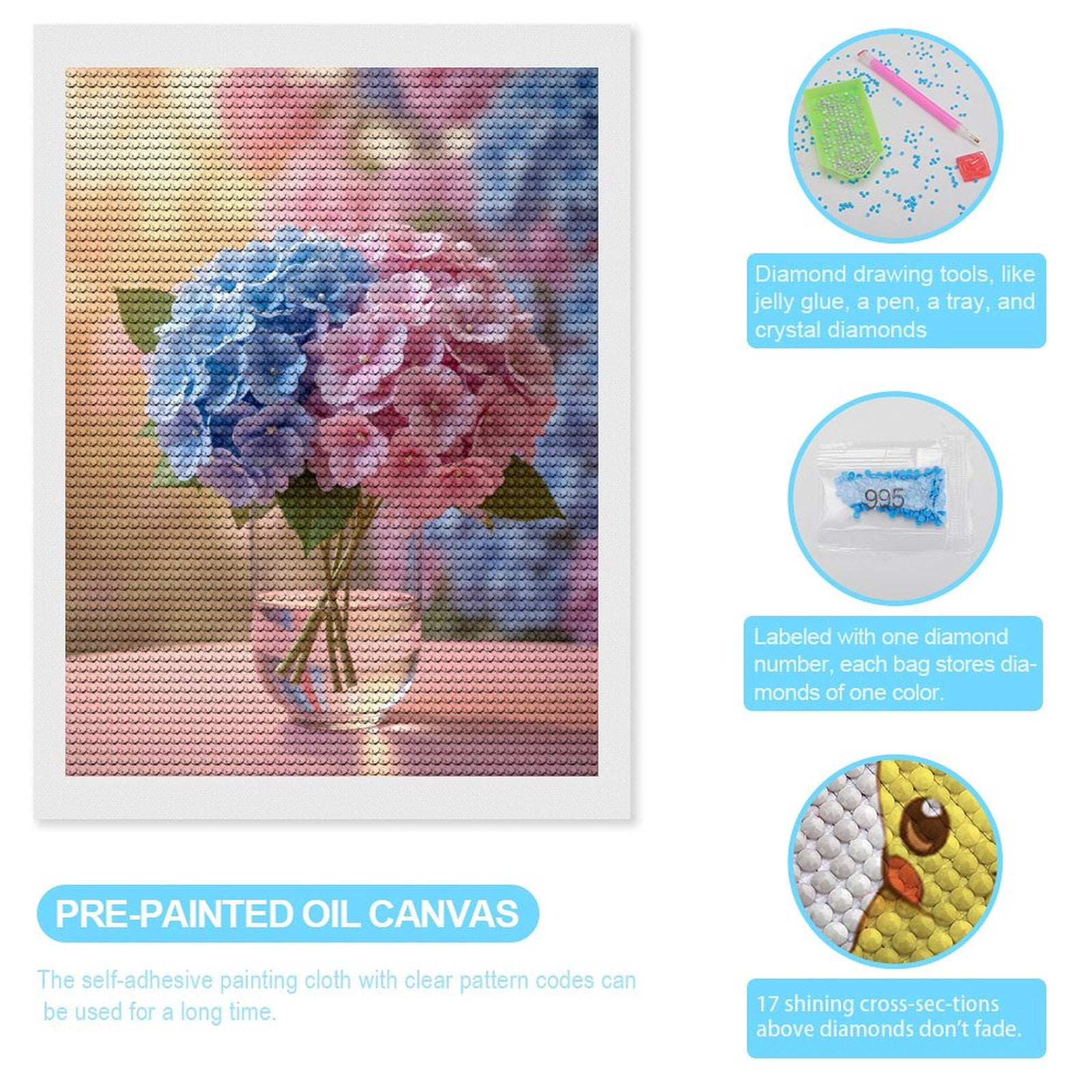 Diamond Art Kit for Adults, Pink Blue Hydrangea Bouquet Vase Diamond Painting for Adults Beginners, 5D DIY Diamond Art Painting Kits, Colorful Diamond Painting Craft for Home Decor 12x16