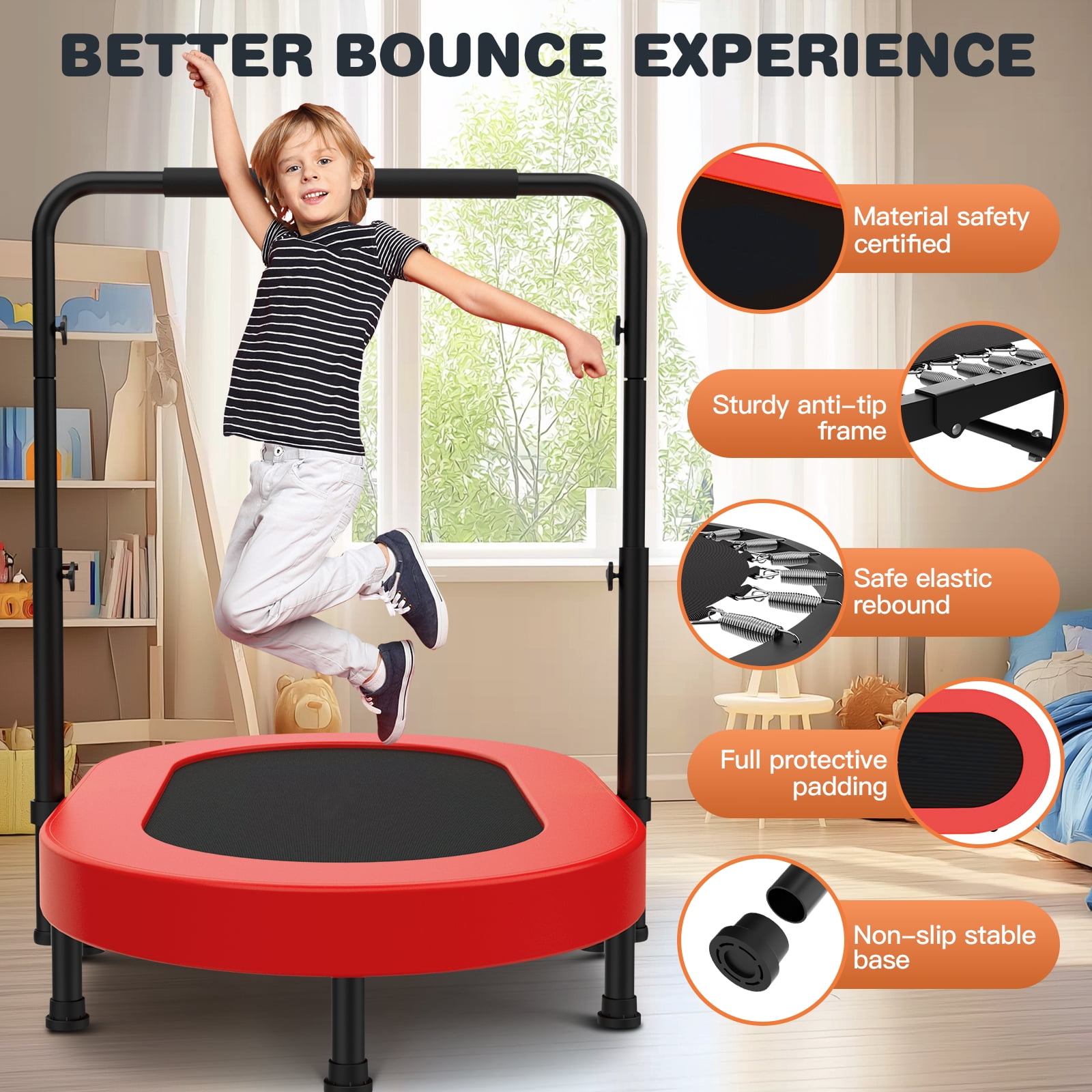 Foldable Mini Trampoline with Adjustable Handle, Parent-Child Rebounder Trampoline Max 220lbs for Kids & Family Exercise