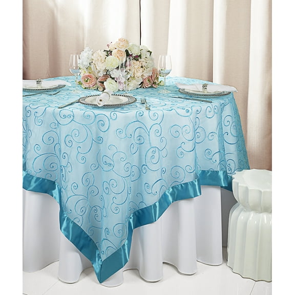 Wedding Linens Inc. 85"x85" Embroidered Organza Sheer Table Overlay Toppers - Turquoise