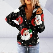 Hxroolrp Women's Casual Christmas Print Zipper Sweater Pullover Top