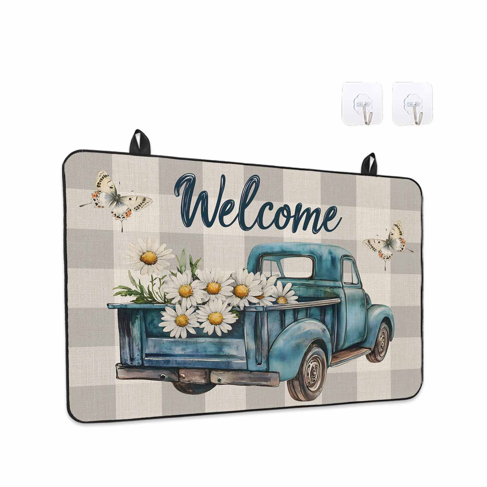 Daisy Butterfly Stove Top Cover for Electric Stove, Heat-proof & Non Slip Glass Top Stove Cover Protector, Blue Floral Truck Pastoral Grey Check Kitchen Flat Cooktop Rubber Mat 24x21 Inches