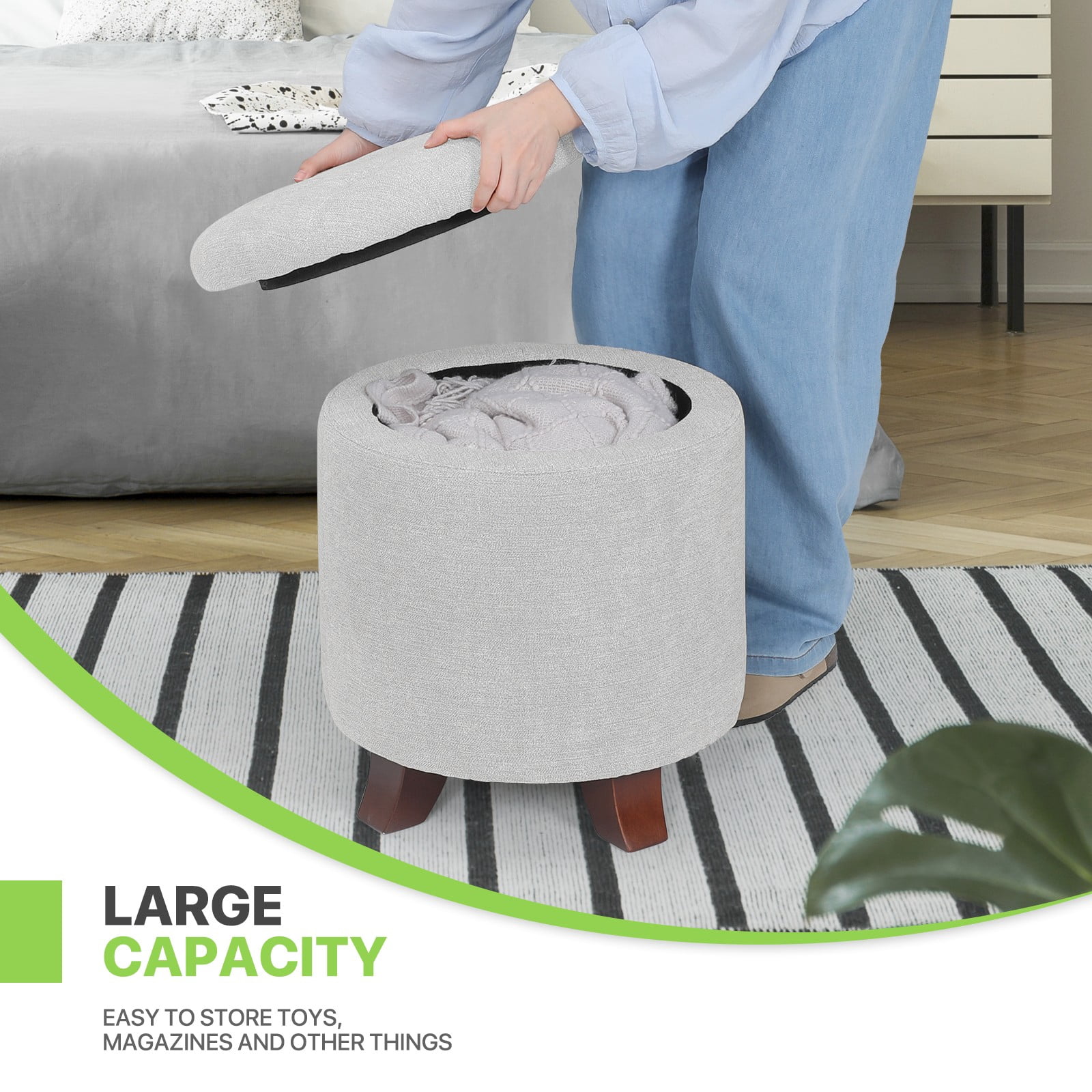 Magshion Storage Ottoman with Padded Seat, Modern Cotton-linen Footrest, Round Seat stool for Living Room Bedroom , Light Gray