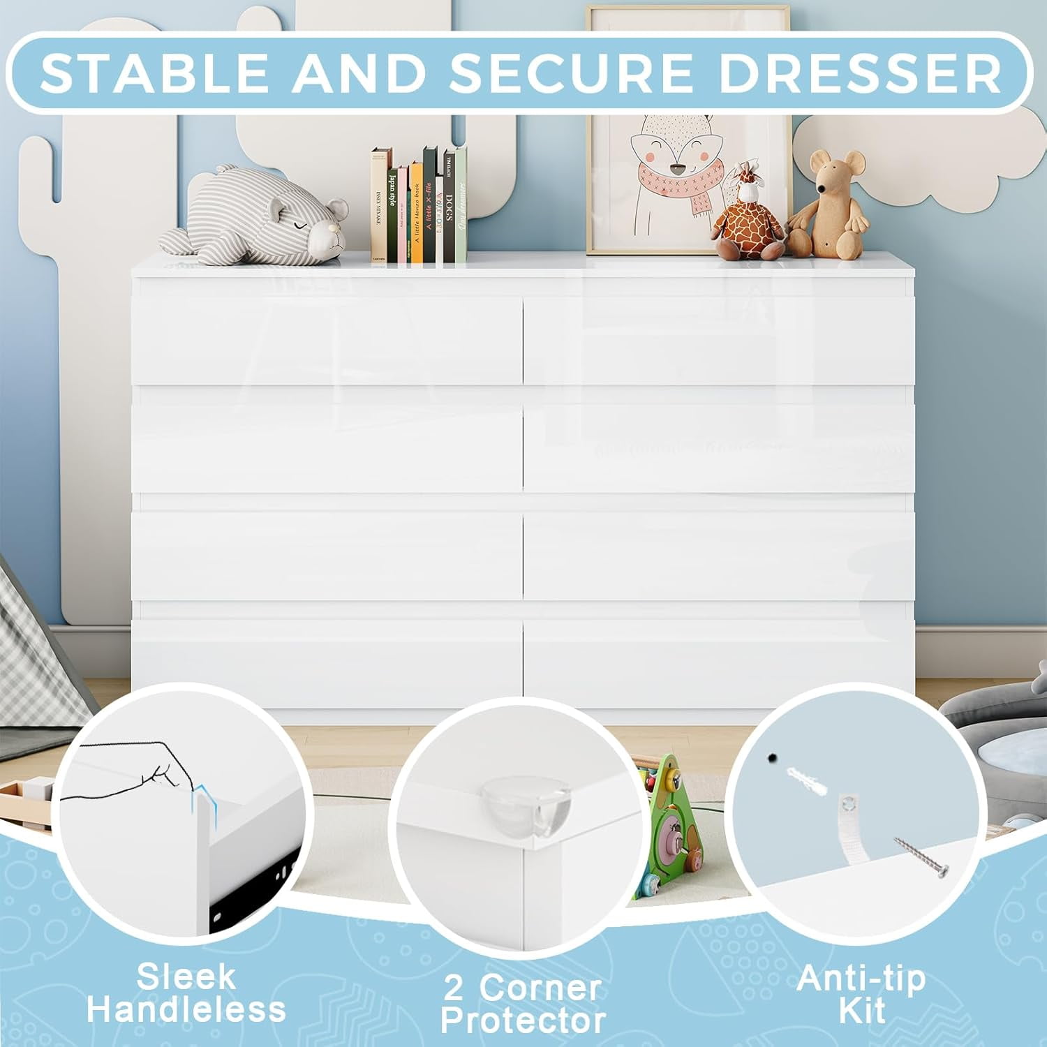 Selooye 8-Drawer Modern Wood Dresser, Wide Chest Drawers