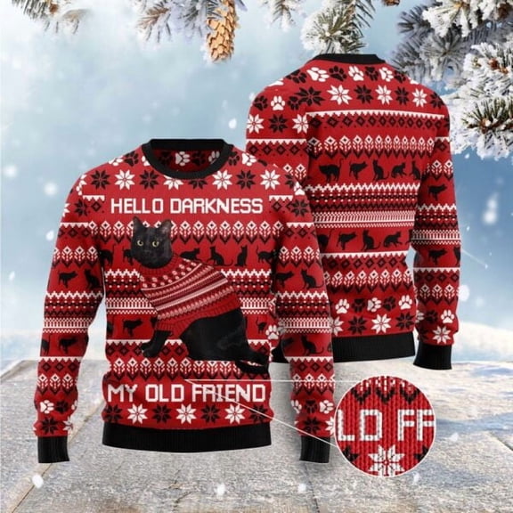 Black Cat Hello Darkness My Old Friend Christmas Sweater, Christmas Cat Christmas Sweater, Cat Xmas Sweater