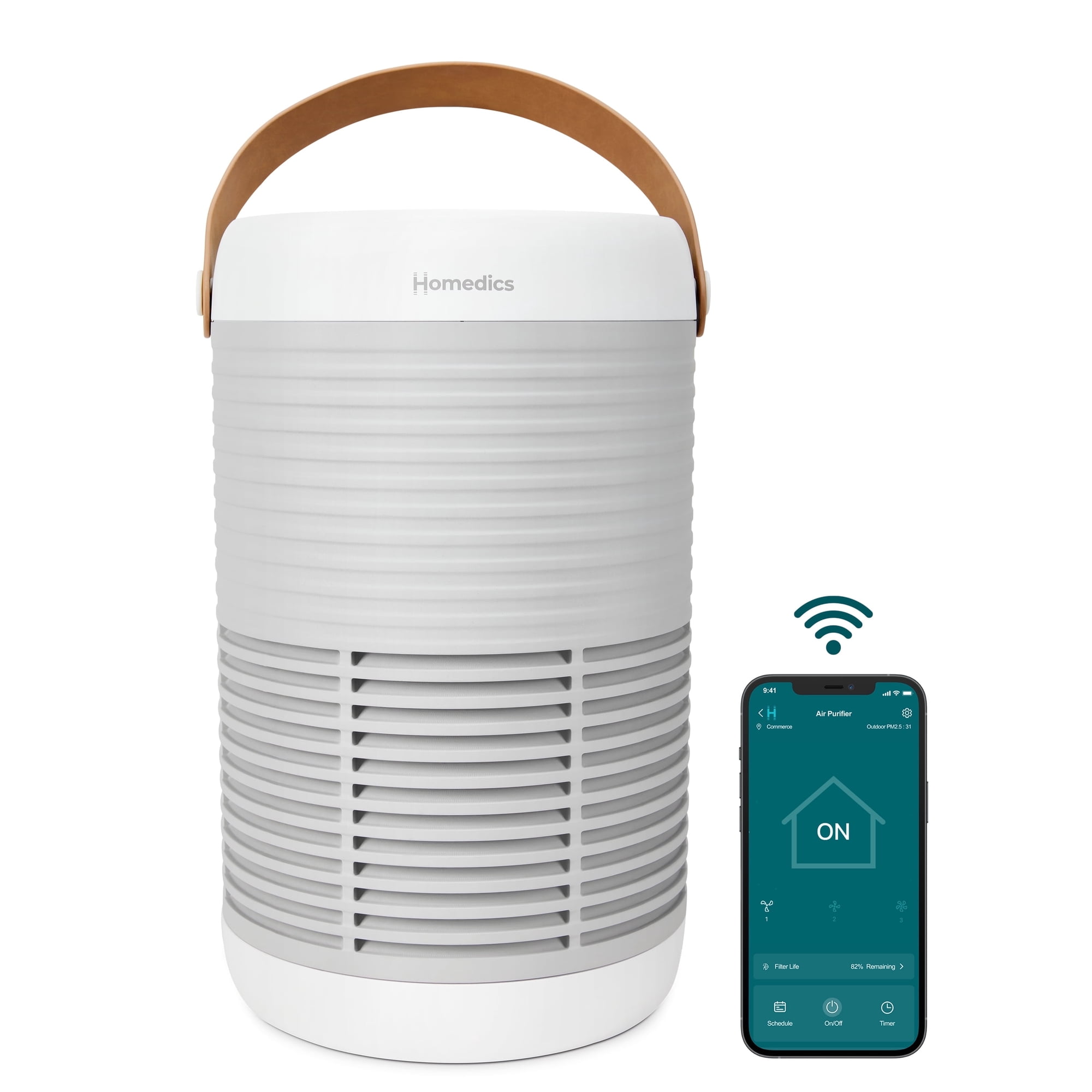 Homedics Wi-Fi Enabled Smart Air Purifier, 1005 Sq. Ft of Coverage/Hour. True HEPA Filtration, Activated Carbon Filter, Pre-filter, Reduces Bacteria, Virus, Mold, Odors, Medium Rooms, AP-T100GY-WMT