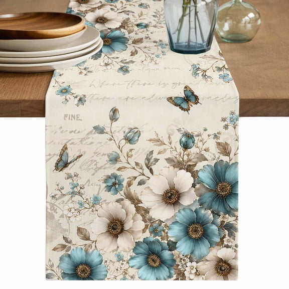 Farmhouse Teal Tulips Table Runner 72 Inches Long,Spring Summer Retro Beige Floral Kitchen Dining Burlap Linen Tablerunner for Small/Round/Square/Wedding/Coffee/Dining Table Party Home Décor 18 x 72
