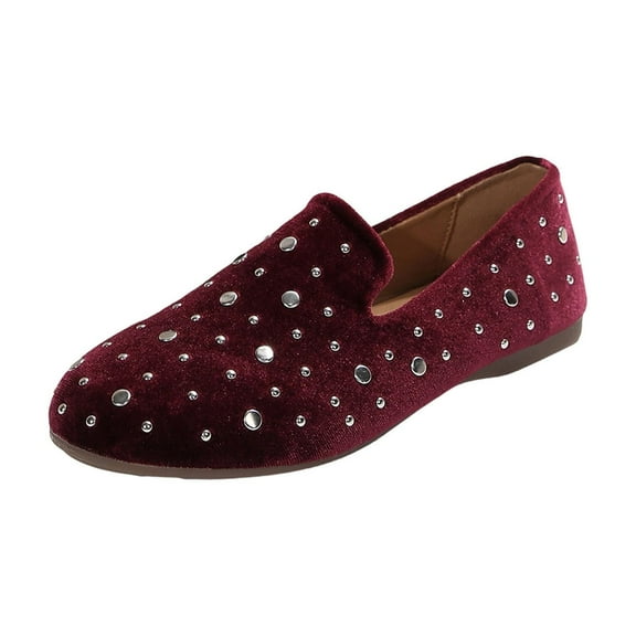 Wine Womens Loafers With Rhinestone Details Soft Sole Casual Comfortable Round Toe Velvet Shoes For Daily Wear Slip On Breathable Flats Size 38