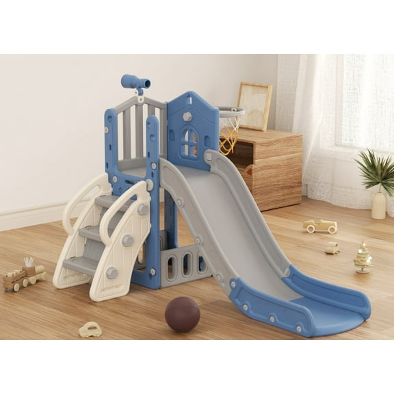 KORIMEFA 6-in-1 Toddler Slide for Age 1-3, L-Shaped Kids Slide with Basketball Hoop and Telescope, Outdoor and Indoor Playground Climber Playset Toys, Blue Gray
