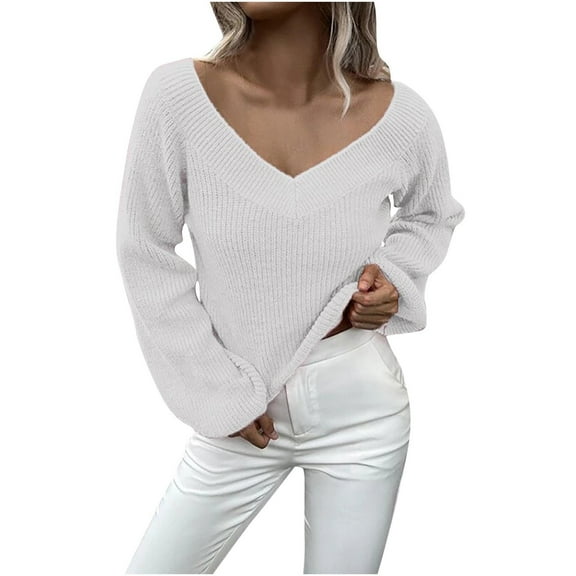 JINMGG 2024 Fall Winter Plus Size Sweaters for Women Clearance,Women's Solid Sweater V-neck Loose Top Long Sleeved Sweater V-neck Sweater