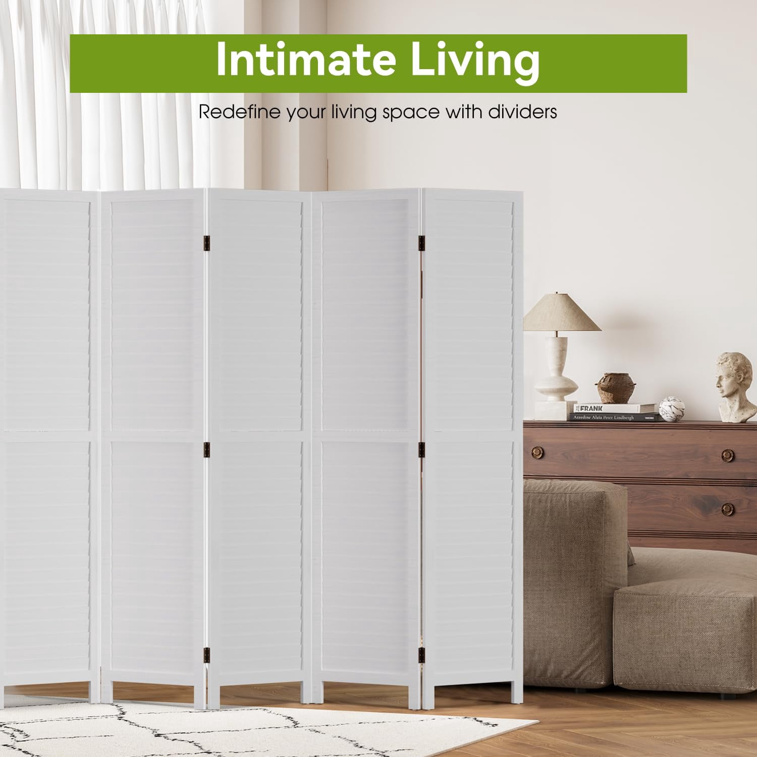 NiamVelo Wood Room Divider 6 Panel Privacy Screen Folding Freestanding Partition 5.74 FT Tall Wall Divider for Home Office, White