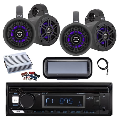 Pyle PLMRB29B2 Single DIN Marine Bluetooth MP3 Player Stereo Receiver Cover 4x 4 300W Bluetooth Waterproof Marine Wakeboard LED Tower Speakers Amplifier w/Kit Radio Antenna