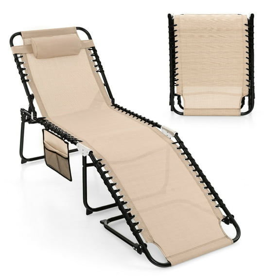 Gymax Patio Folding Chaise Lounge Portable Lay Flat Reclining Chair w/ 4-Level Backrest Side Pocket