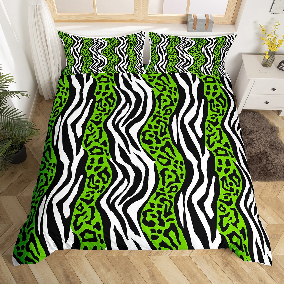 YST Cheetah Print Bedding Set Full Size Black Green Leopard Comforter