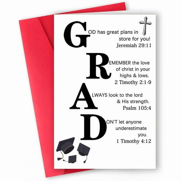 Graduation Card with Inspirational Bible Verses - "GRAD" Design - Red Envelope Included - Perfect for High School or College Graduates