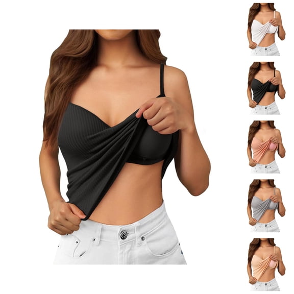 Womens Tank Tops with Built in Bras Stretchy Ribbed V Neck Racerback Spaghetti Strap Fitted Padded Camisole Tops Basic Tanks