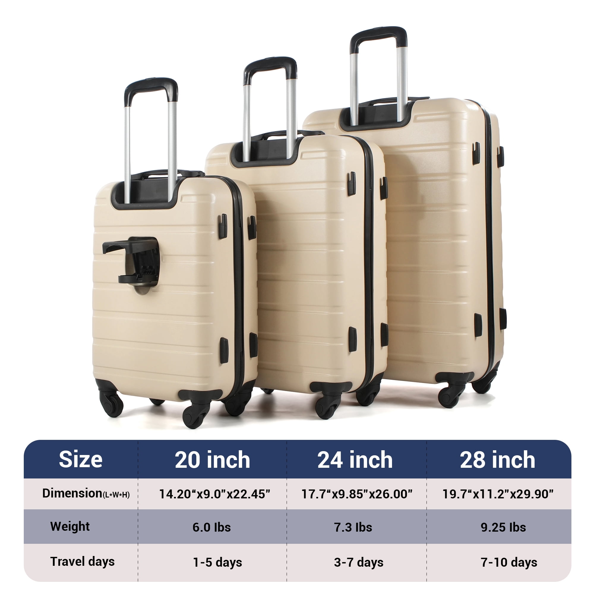 NiceTravel Luggage Set (20/24/28 inch),Hard-shell suitcase with Cup Holder(20"), Combination Locks & 360° Spinner Wheels, Beige