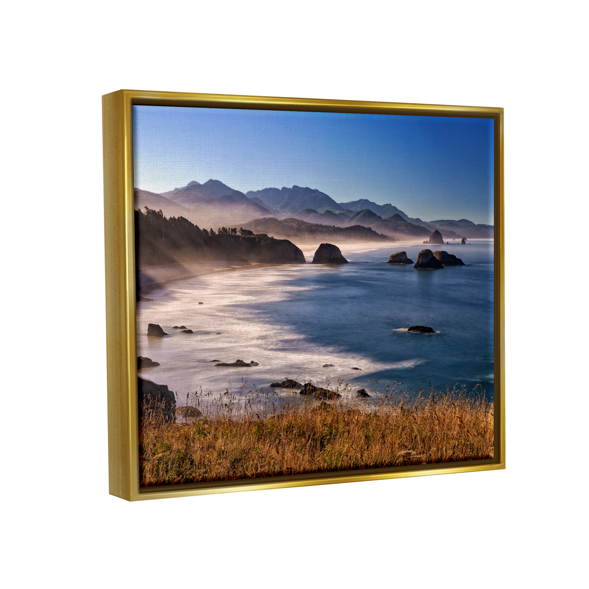 Stupell Rocky Shore Coastal Mountain Peaks Landscape Photography Gold Floater Framed Art Print Wall Art