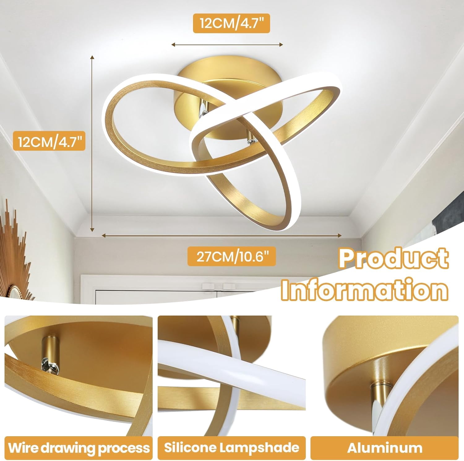 Senhu Modern Led Ceiling Light Fixture,6000K Gold Led Hallway Light Fixtures Ceiling Lamp for Hallway Bedroom Bathroom Kitchen Balcony Stair Aisle Ceiling Lamp Curved Design