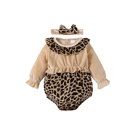 

hirigin Romper For Baby Girl Long Sleeve Leopard Print Romper with Headband