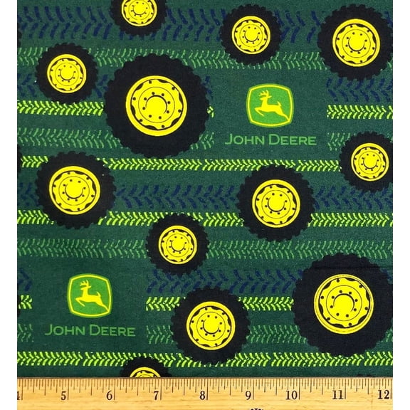 1 Fat Quarter - John Deere Tractor Tires on Green Cotton Fabric - 18" X 21"