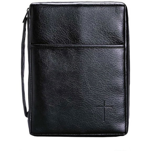 Soft Black Embossed Cross with Front Pocket Leather Look Bible Cover with Handle, Large