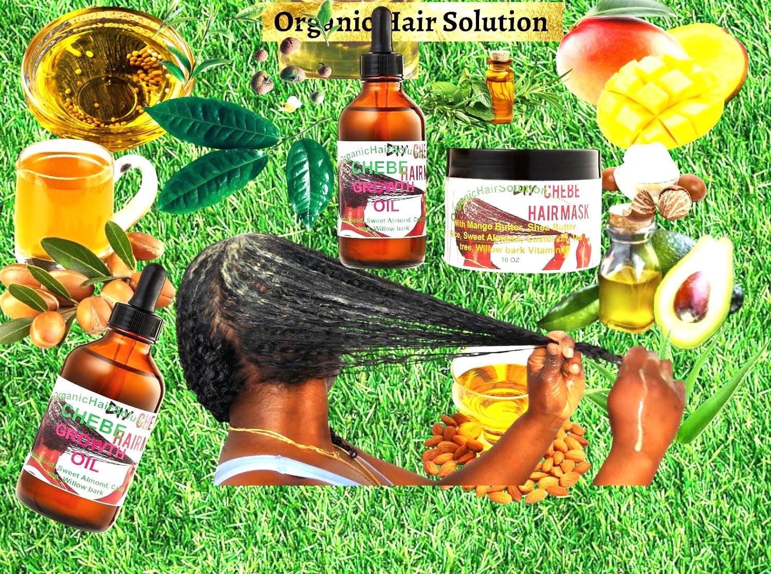 CHEBE Hair Growth Set - Shampoo- Conditioner-Oil & Hair Mask Leave in Cream- Castor Oil- Mango Butter-Tea Tree-Willow Bark-Rice milk-For Stronger, Thicker Longer Hair-Healthier (Pack 4)