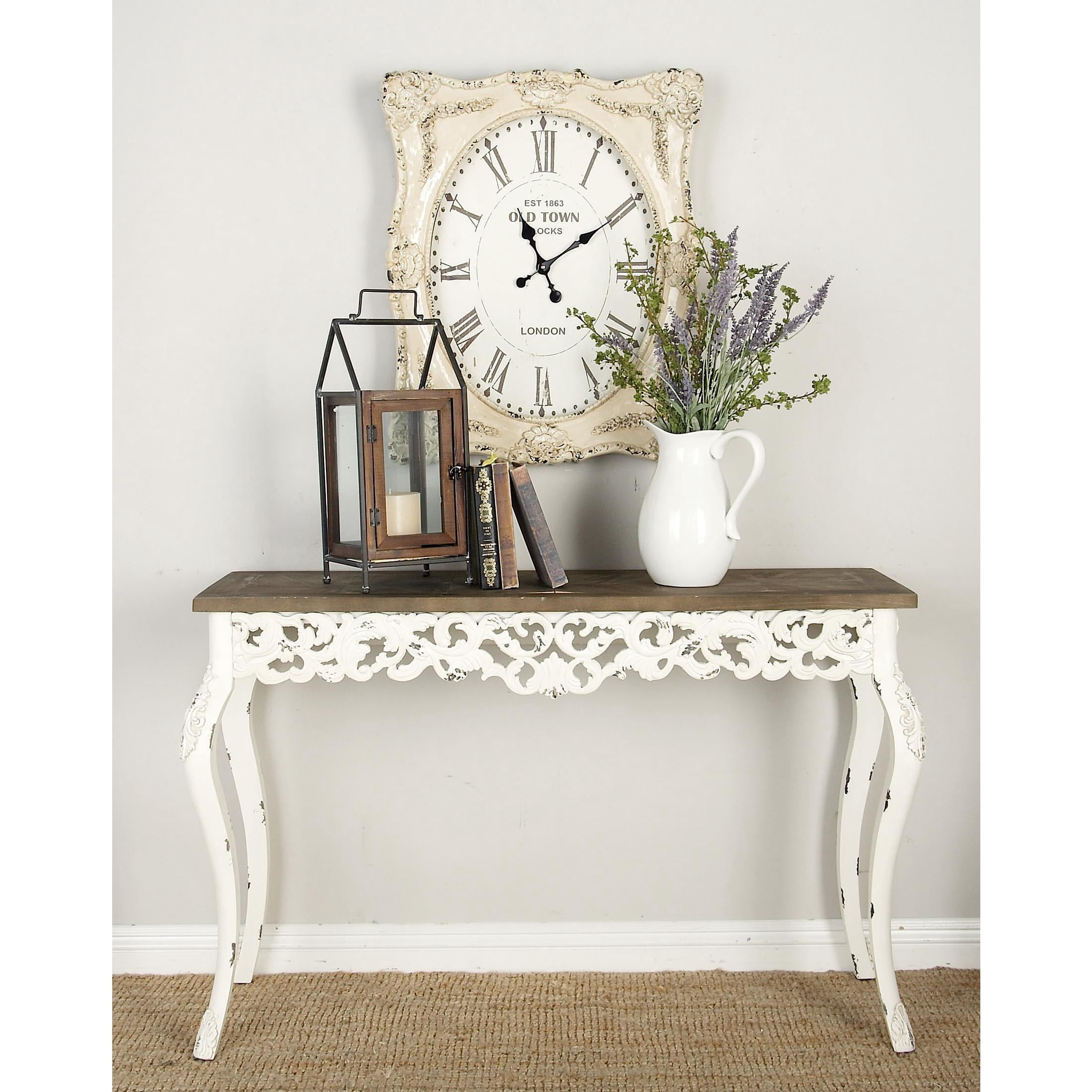 DecMode 46" x 30" White Wood Intricately Carved Scroll Console Table with Brown Wood Top, 1-Piece