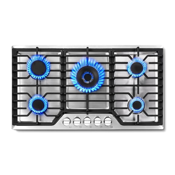 Sunmaki 36 inch Gas Cooktop with 5 High-Efficiency Burners, Heat-Resistant SABAF Stovetop, LPG Compatible, 110V