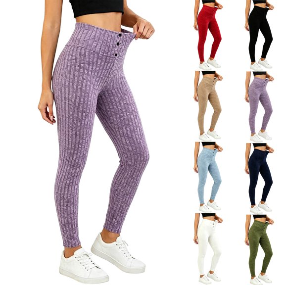 VBVC Women's Ribbed Knit High Waist Yoga Leggings , Button Detail Workout Pants For Women , Ladies' Stretch Activewear Bottoms, S-2XL