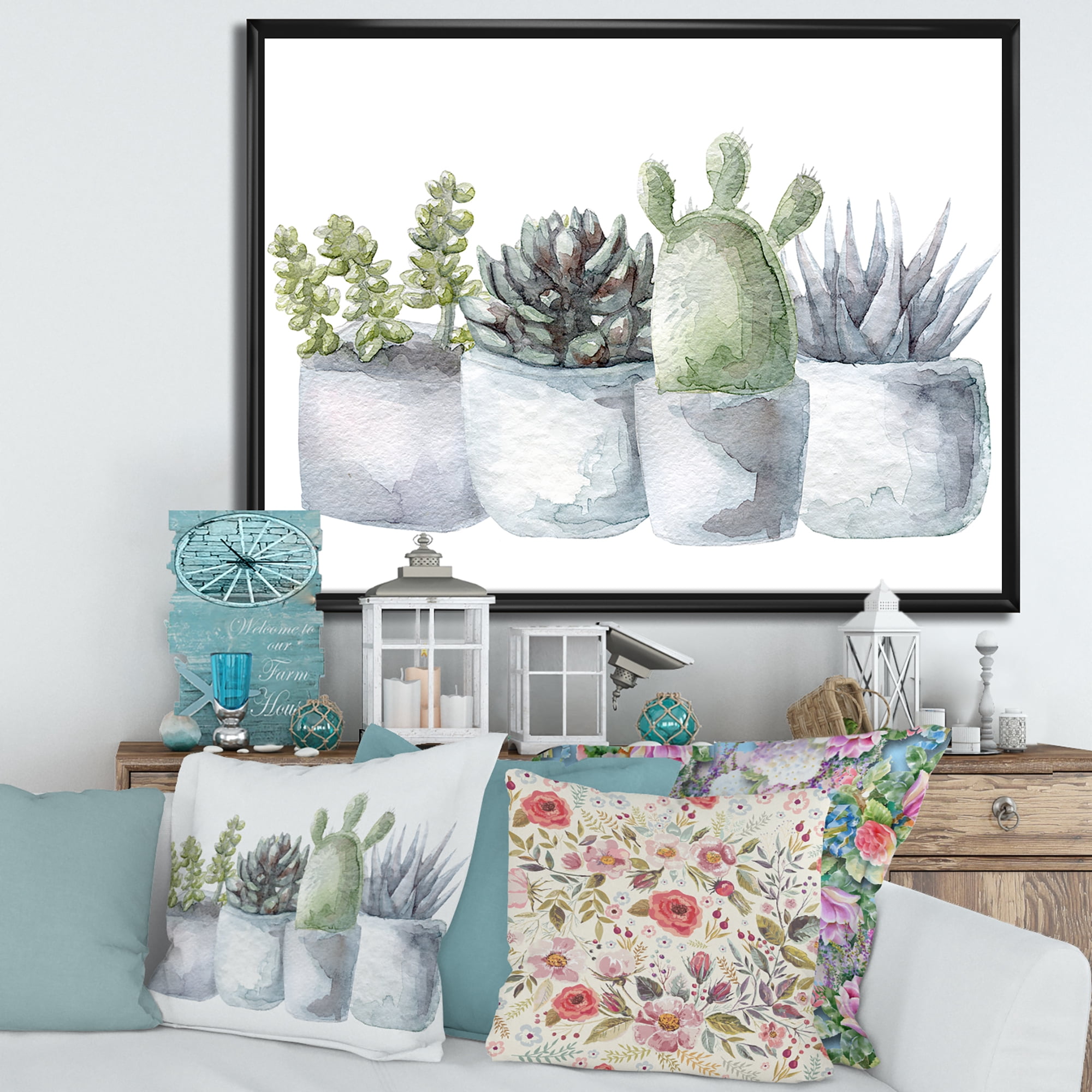 Designart 'Succulent and Cactus House Plants I' Farmhouse Framed Canvas Wall Art Print