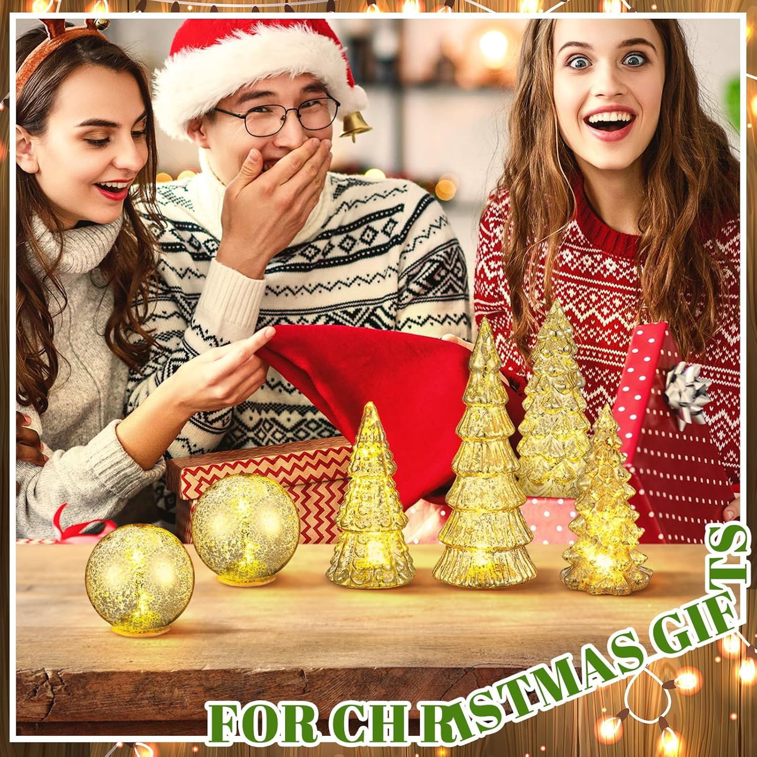 6 Pcs Mercury Glass Christmas Tree for Tabletop Light up Figurine Christmas Tree Mercury Cracked Glass Globe with Light for Xmas Decor Home Party Centerpiece Mantel Gift